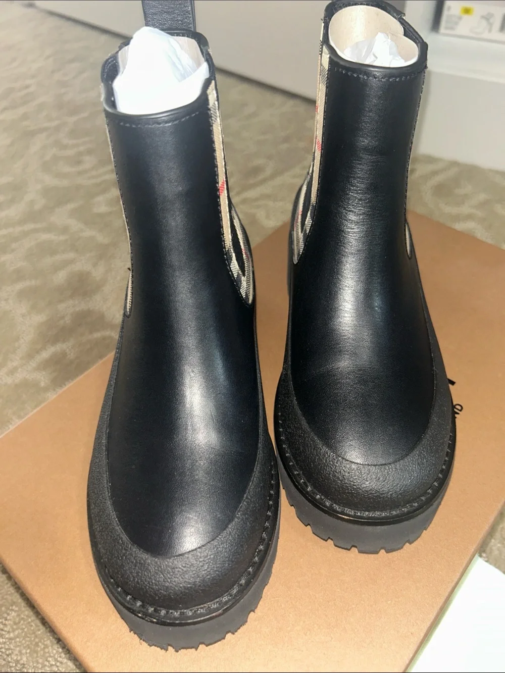 Burberry Black Chelsea Booties with Iconic Beige Check Trim
